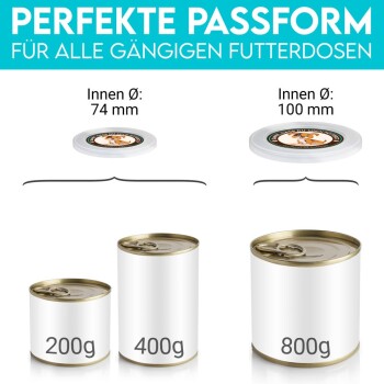 Bild von Dosenverschlüssen für Haustierfutter in zwei Größen: 74 mm und 100 mm, beschriftet für 200 g, 400 g und 800 g Dosen.