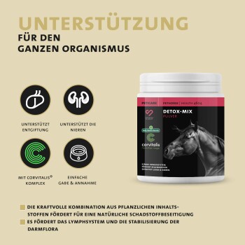 Behälter mit "Detox-Mix" Pulver für Pferde, beschriftet mit einem Pferdekopf und bewirbt Entgiftung und Nierengesundheit.