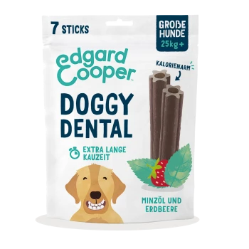 Edgard Cooper Doggy Dental Tüte, 7 Sticks, 'Extra Lange Kauzeit', 'Minzöl und Erdbeere', für große Hunde 25 kg+.