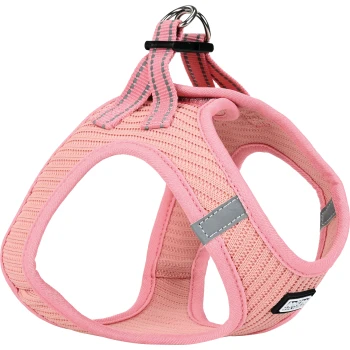 Harnais pour animaux de compagnie rose avec un design en maille respirante, comportant une bande réfléchissante et un anneau en métal pour attacher la laisse.