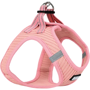 Pink pet harness with a breathable mesh design, featuring a reflective strip and a metal ring for leash attachment.