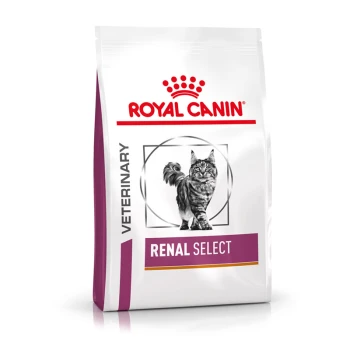 Torba z karmą dla kotów Royal Canin Veterinary Renal Select z ilustracją szarego kota tabby i czerwonym logo korony.