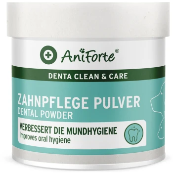 AniForte Denta Clean & Care Zahnpulverbehälter, beschriftet mit "Zahnpflege Pulver" und "Verbessert die Mundhygiene" auf Deutsch und Englisch.