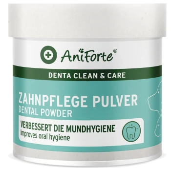 AniForte Denta Clean & Care Zahnpulverbehälter, beschriftet mit "Zahnpflege Pulver" und "Verbessert die Mundhygiene" auf Deutsch und Englisch.