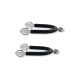 Schwarze, gummibeschichtete Metallschäfte mit silbernen Spitzen und einer kleinen Glocke, auf einem weißen Hintergrund präsentiert.