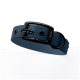 Ein stilvoller blauer Hundehalsband mit einer schwarzen Schnalle und einem Metallring, mit dem Text "THE DOG IDEA" auf dem Riemen geprägt.