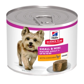 Dosen-Hundefutter von Hill's Science Plan, gekennzeichnet mit "Small & Mini Mature Adult 7+" mit Hühnermousse, geeignet für Hunde bis zu 10 kg.