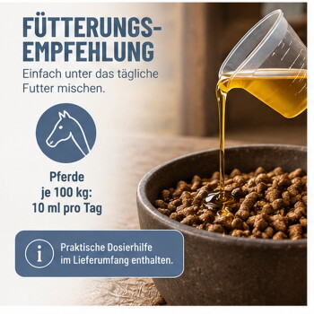 Ein galoppierendes braunes Pferd auf einem REAVET Leinöl Naturrein Etikett, das einen gesunden Stoffwechsel, Fell und Haut für Pferde fördert.