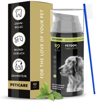 Petcare Petdog Care 2808 Zahnpflegeprodukt für Hunde, 75 ml Flasche mit Pumpenspender, mit einem Bild eines Golden Retrievers und einer blauen Zahnbürste.