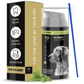 Petcare Petdog Care 2808 Zahnpflegeprodukt für Hunde, 75 ml Flasche mit Pumpenspender, mit einem Bild eines Golden Retrievers und einer blauen Zahnbürste.