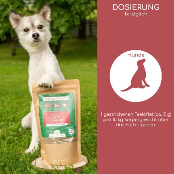 Eine Frau mit langen Haaren hält eine schwarze Katze neben einem wolfähnlichen Hund in einem Garten mit lila Blumen. Text oben bewirbt Wolfsbacher Natur.