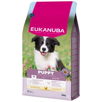 Sac de nourriture pour chiot Eukanuba 12 kg avec chiot noir et blanc souriant, grand texte « EUKANUBA » et « PUPPY 10-25 KG »