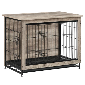 Holz-Haustierkäfig mit einer schwarzen Metallgittertür, mit einer flachen Oberseite und zwei abschließbaren Türen für einfachen Zugang.