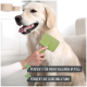 Eine Person bürstet einen lächelnden Golden Retriever mit einem grünen Werkzeug. Text: "Perfekt für mehr Volumen" und "Fördert die Durchblutung."