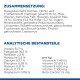 Zutatenliste für Tierfutter auf Deutsch, die Zusammensetzung und analytische Komponenten wie Protein, Fett und Vitamine detailliert.
