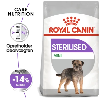 Royal Canin Sterilised Mini Hundefutterbeutel mit einer Illustration eines kleinen Hundes, mit Text, der Pflegeernährung und Kalorienreduktion hervorhebt.