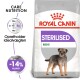 Sac de nourriture pour chien Royal Canin Stérilisé Mini avec une illustration de petit chien, avec un texte mettant en avant la nutrition de soin et la réduction des calories.