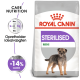 Royal Canin Sterilised Mini Hundefutterbeutel mit einer Illustration eines kleinen Hundes, mit Text, der Pflegeernährung und Kalorienreduktion hervorhebt.