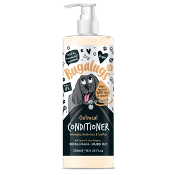 Flasche Bugalugs Haferflocken-Conditioner für Hunde, 500ml, vegan, natürliche Formel, parabenfrei, mit Kokos- und Limettenduft.