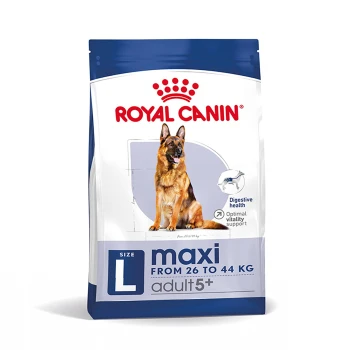 SHN Maxi Adult 5+ 15 kg Torba karmy dla psów Royal Canin dla owczarków niemieckich, oznaczona "Rozmiar L maxi 26-44 kg, dorosły 5+", z ikonami zdrowia trawiennego i witalności.