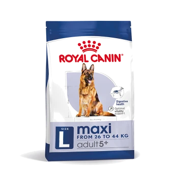 Royal Canin Hundefutterbeutel für Deutsche Schäferhunde, beschriftet "Größe L maxi 26-44 kg, Erwachsene 5+", mit Symbolen für Verdauungsgesundheit und Vitalität.
