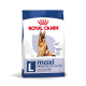 Royal Canin dog food bag for German Shepherds, labeled "Size L maxi 26-44 kg, adult 5+," with icons for digestive health and vitality.
