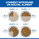 Quatre bols de croquettes montrant une transition progressive ; « COMMENT INTRODUIRE UN NOUVEL ALIMENT » et 1-2 25% 3-4 50% 5-6 75% 7 100%.
