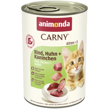 Blik Animonda CARNY kitten natvoer met oranje kitten en etiket 'Rind, Huhn + Kaninchen / Beef, Chicken + Rabbit'.
