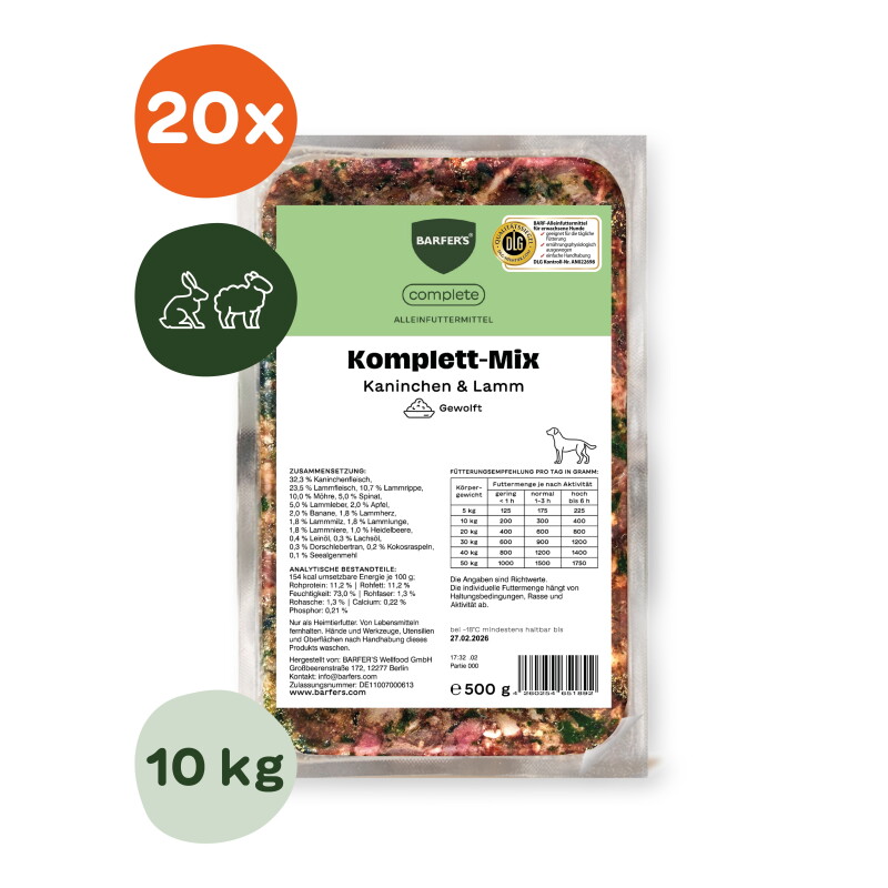 BARFER'S Komplett-Mix Kaninchen und Lamm 20x500 g