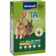 Kolorowe pudełko z jedzeniem dla zwierząt z dwoma królikami na froncie, oznaczone "Vitakraft VITA SPECIAL 100% ALL IN ONE ADULT >6 MONATE" na zielonym tle.