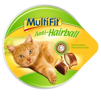 Eine runde Haustierfutterverpackung mit einer verspielten orangefarbenen Katze, beschriftet mit 'MultiFit Anti-Haarball' und abgebildeten schokoladenähnlichen Leckereien.