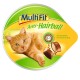 A round pet food package featuring a playful orange cat, labeled "MultiFit Anti-Hairball" with chocolate-like treats depicted.