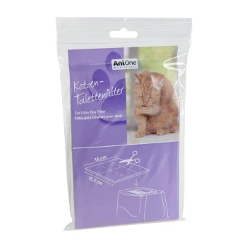 Verpakking van kattenbakfilter met een oranje kat, met afmetingen 16 cm x 15,5 cm, en instructies voor het snijden.