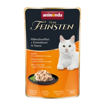 Tüte Animonda Katzenfutter mit einer weißen Katze, mit dem Text 'Hühnchenfilet + Entenbrust in Sauce' und verschiedenen Übersetzungen.