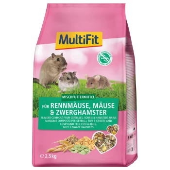 Rosa MultiFit 2,5-kg-Tüte mit Futter für Rennmäuse, Mäuse und Zwerghamster; Bild von drei Nagetieren, Körnern und Abzeichen 'No added sugars'.