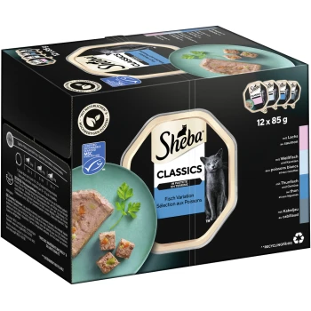 Classics in Pastete 12x85g Sheba Classics Katzenfutterpackung mit einer Vielzahl von Fischgeschmäckern, enthält 12 x 85g Portionen, mit einem Bild einer grauen Katze und grüner Garnierung.