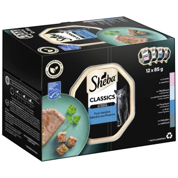 Sheba Classics Katzenfutterpackung mit einer Vielzahl von Fischgeschmäckern, enthält 12 x 85g Portionen, mit einem Bild einer grauen Katze und grüner Garnierung.
