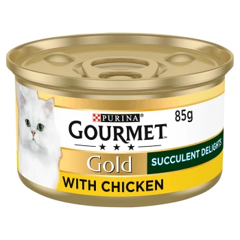A can of Purina Gourmet Gold cat food with chicken, featuring a white cat on the label, labeled "85g" and "Succulent Delights."