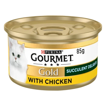 A can of Purina Gourmet Gold cat food with chicken, featuring a white cat on the label, labeled "85g" and "Succulent Delights."