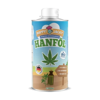 Dose Happy Jacky Hanföl für Hunde, 250 ml, mit Omega 3-6-9, 100 % natürlich, für Haut- und Fellpflege.