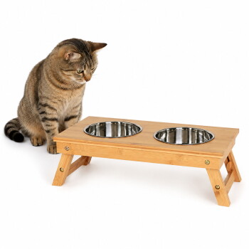 Getigerte Katze, die einen erhöhten Bambus-Futterspender mit zwei Edelstahlschalen vor weißem Hintergrund betrachtet.