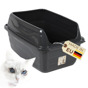 Dunkelgraue Kunststoff-Katzentoilette mit hohem Rücken, Etikett 'MADE IN EU' (deutsche Flagge), kleiner weißer Katzenkopf