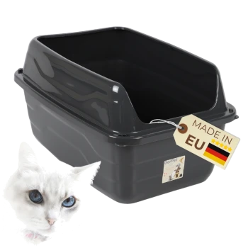 Dunkelgraue Kunststoff-Katzentoilette mit hohem Rücken, Etikett 'MADE IN EU' (deutsche Flagge), kleiner weißer Katzenkopf