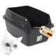 Dunkelgraue Kunststoff-Katzentoilette mit hohem Rücken, Etikett 'MADE IN EU' (deutsche Flagge), kleiner weißer Katzenkopf