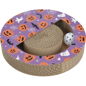 Griffoir rond en carton pour chat avec imprimé Halloween violet (citrouilles, fantômes, chauves-souris) et balle jouet blanche.