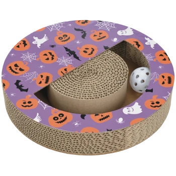 Rundes Papp-Kratzbrett für Katzen mit lila Halloween-Motiv (Kürbisse, Geister, Fledermäuse) und weißem Spielball.
