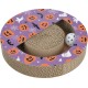 Griffoir rond en carton pour chat avec imprimé Halloween violet (citrouilles, fantômes, chauves-souris) et balle jouet blanche.