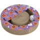 Okrągły kartonowy drapak dla kota z fioletowym halloweenowym nadrukiem (dynie, duchy, nietoperze) i białą piłeczką‑zabawką.