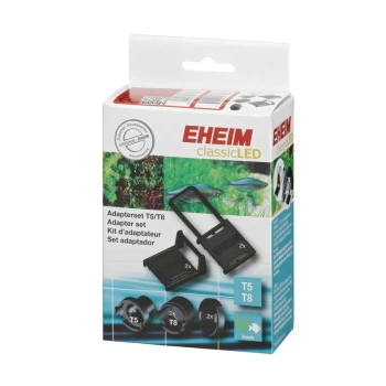 Adapter T5/T8 für classic LED EHEIM classicLED Adapterset für T5/T8, mit zwei Adaptern und Verpackung mit Bildern von Fischen und Wasserpflanzen.