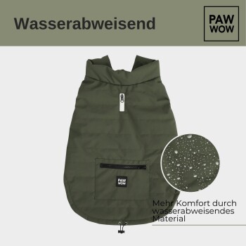 Wasserabweisende grüne Hundejacke mit einem Reißverschlusskragen, mit einer Fronttasche und dem Markenlogo "PAW WOW."